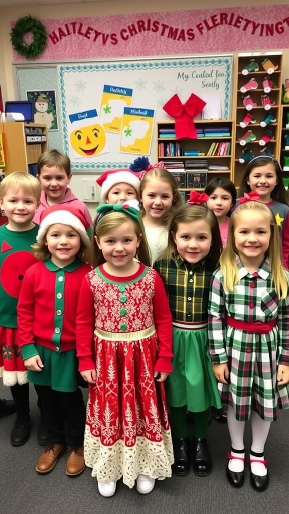Kids in festive Christmas outfits, including sweaters, dresses, and accessories, celebrating in a decorated classroom.